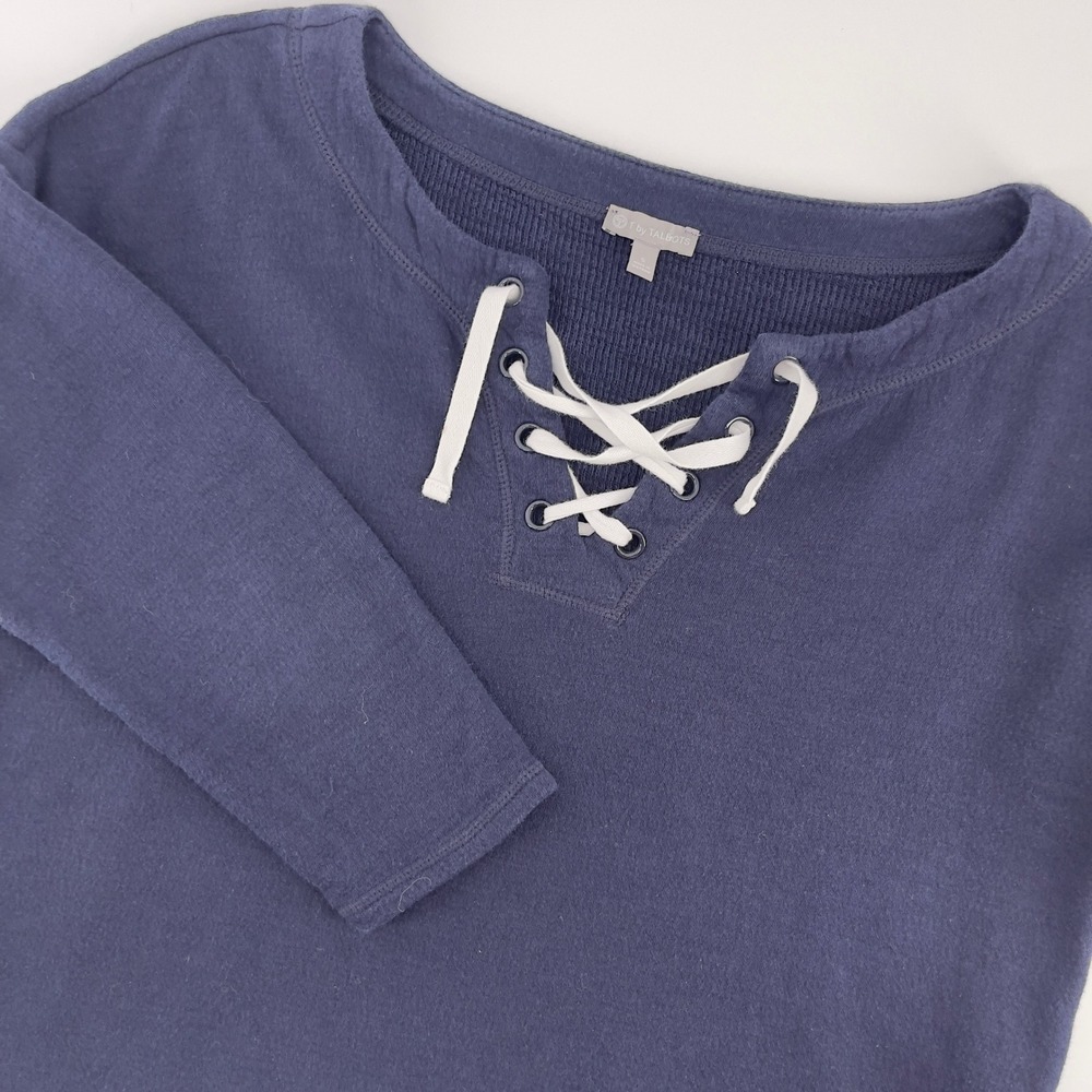 T by Talbots Women's Blue‎ Cotton Lace-Up 3/4 Sleeve Pullover Top